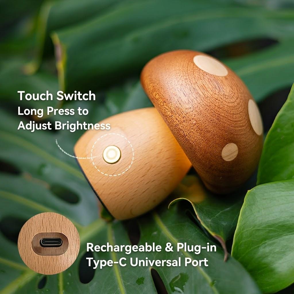 Solid Wood Mushroom Night Light for Nursery & Kids Room